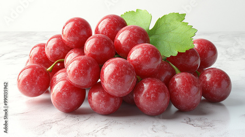 Fresh red grapes clustered together on a light marble surface, highlighting their vibrant color and juicy texture.