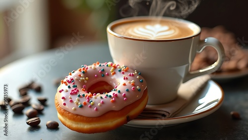 A delightful pairing of coffee and a freshly glazed doughnut, showcasing the perfect blend of rich flavors. This indulgent treat is a classic favorite for any time of day.