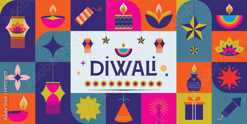 Happy Diwali, the festival of lights! A modern geometric minimalist design suitable for posters, banners, and social media templates, packaging design.