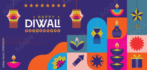 Happy Diwali, the festival of lights! A modern geometric minimalist design suitable for posters, banners, and social media templates, packaging design.