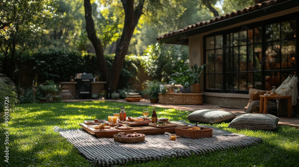 Obraz premium Cozy outdoor picnic setup with food and drinks on a grassy lawn.