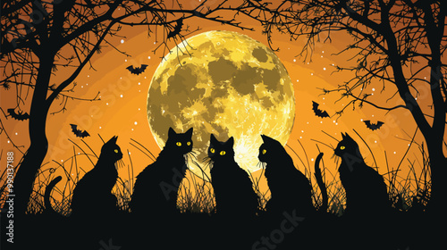 Free vector black cats and full moon halloween background, Happy Halloween
