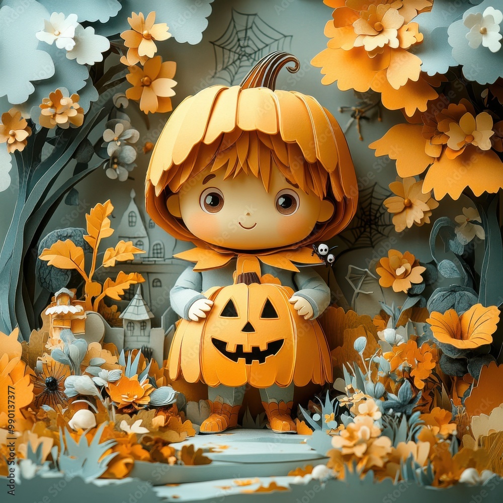 Naklejka premium Halloween scene featuring Cute pumpkin-headed boy in a delicate paper-cutout style, with soft pastel colors and intricate details. 