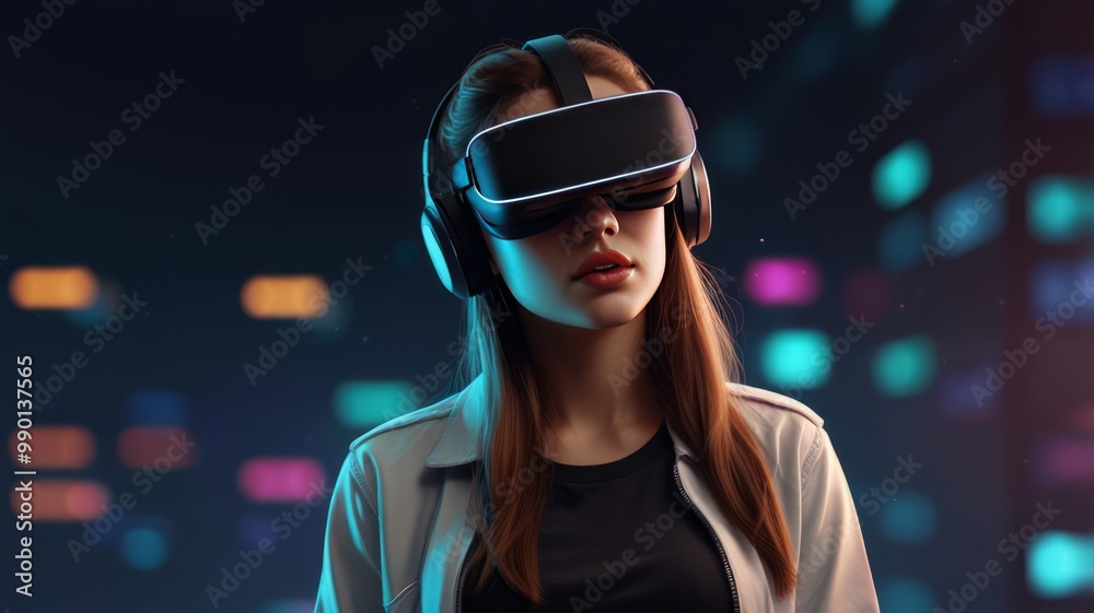 Futuristic nightlife. Young woman wearing futuristic glasses with AR display in the virtual city Futuristic nightlife. Young woman wearing futuristic glasses with AR display in the virtual city