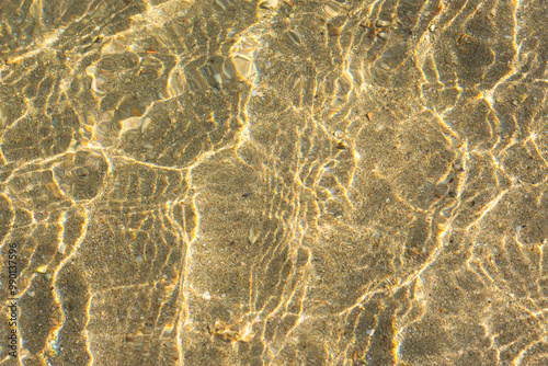 Texture of sea water with sand. Trendy light beige iridescent color of sea water. Set Sail Champagne warm sea sand in the sun. Abstract natural background. Layout for Wallpapers, postcards, banners.