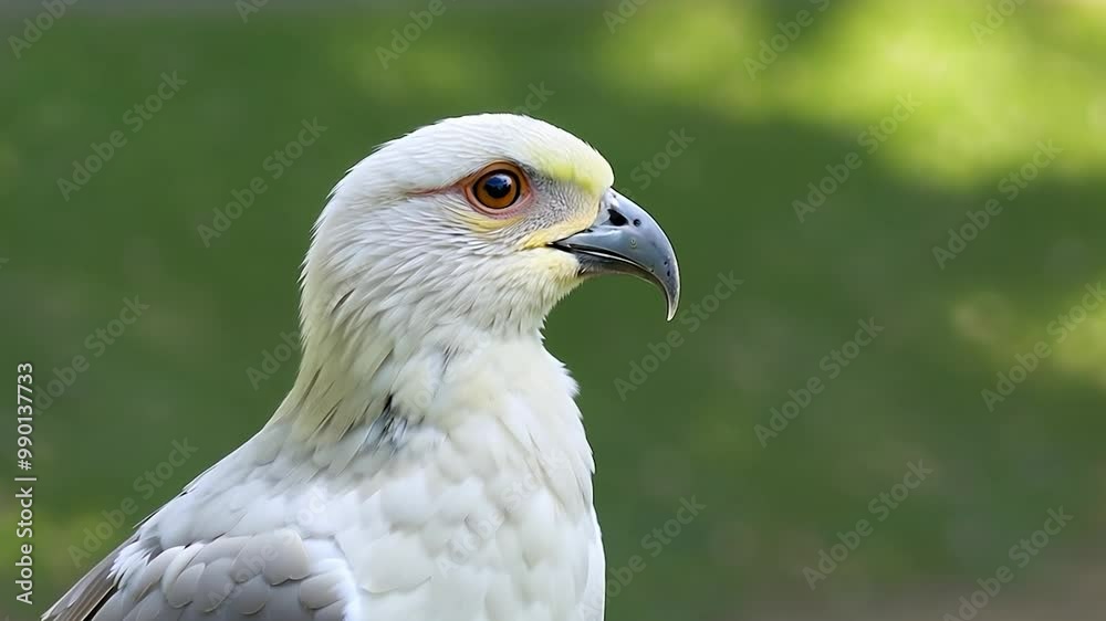 This bird of prey stands prominently, displaying its striking white feathers and sharp beak. The background is filled with vibrant greenery, enhancing its beauty This bird of prey stands prominently, displaying its striking white feathers and sharp beak. The background is filled with vibrant greenery, enhancing its beauty