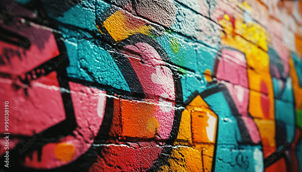 Obraz premium A graffiti-covered urban wall, showcasing vibrant colors, bold lines, and an edgy, artistic vibe