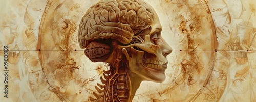 A detailed illustration of a human skull and brain, showcasing anatomical structure with a blend of artistic and scientific elements.