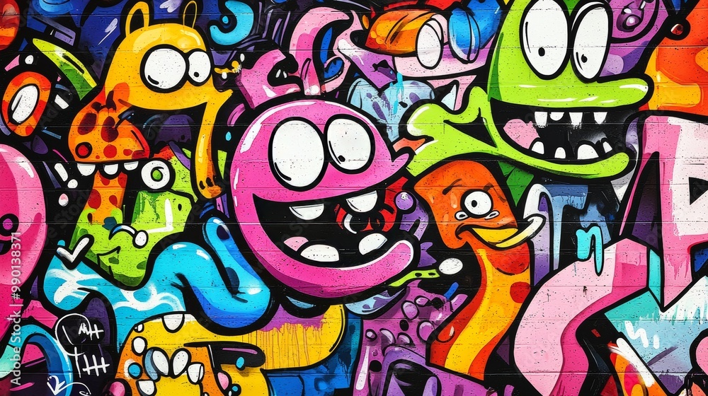 Obraz premium Cartoon-style graffiti wall with exaggerated characters, whimsical shapes