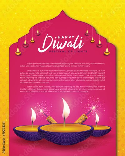 illustration of burning 3 diya on Happy Diwali festival of lights background. A vibrant Diwali vector illustration featuring a festive card design with traditional lamps photo