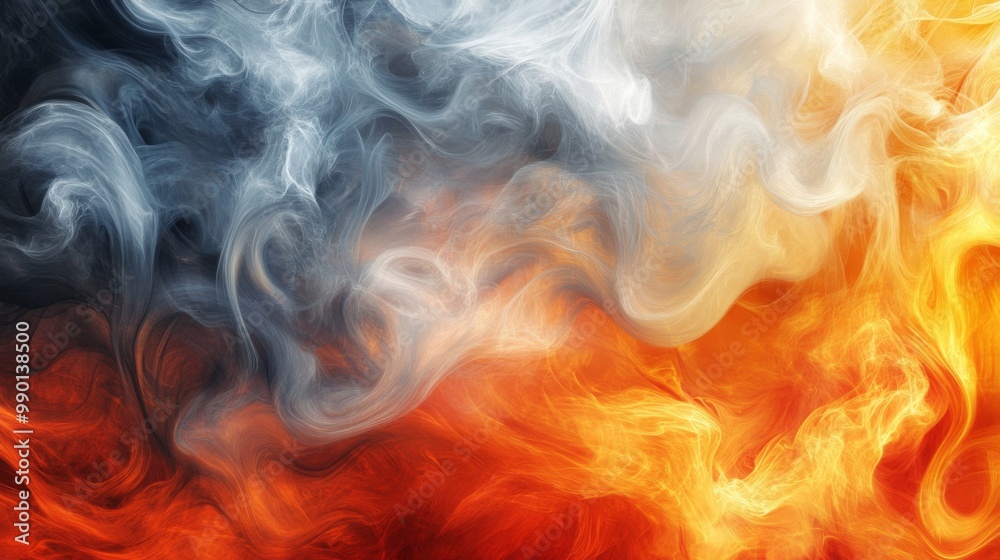 Fototapeta premium Against a black background of vape smoke, dense swirls of multicolored smoke in red, blue, and white create a dramatic effect