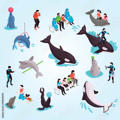 Show in dolphinarium isometric set with adult and child characters looking at seal dolphin orca performing exercises isolated vector illustration