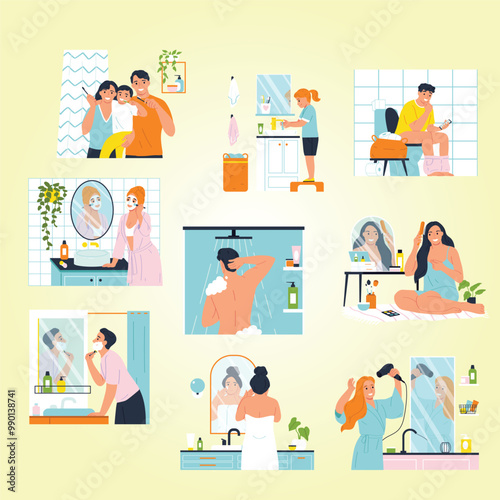 Daily hygiene routine icons set with people in bathroom isolated vector illustration