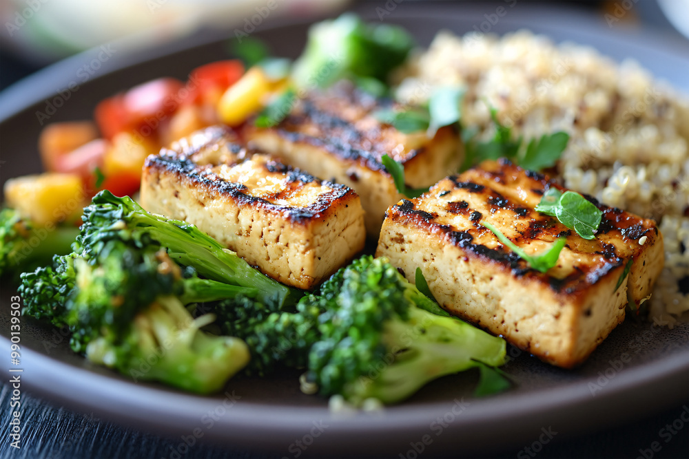 Vegan meal with fried tofu, quinoa and vegetables Vegan meal with fried tofu, quinoa and vegetables
