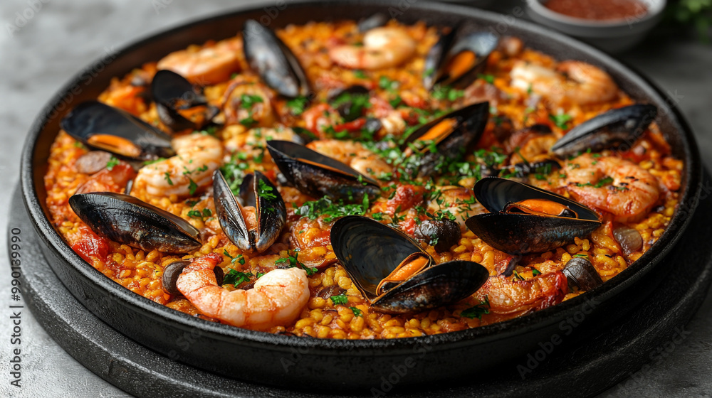 Savor the rich flavors of seafood paella, featuring shrimp, mussels, and vibrant spices, beautifully presented in a traditional pan. Savor the rich flavors of seafood paella, featuring shrimp, mussels, and vibrant spices, beautifully presented in a traditional pan.