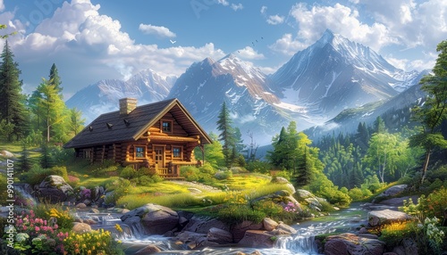 Rustic log cabin by mountain stream in lush forest