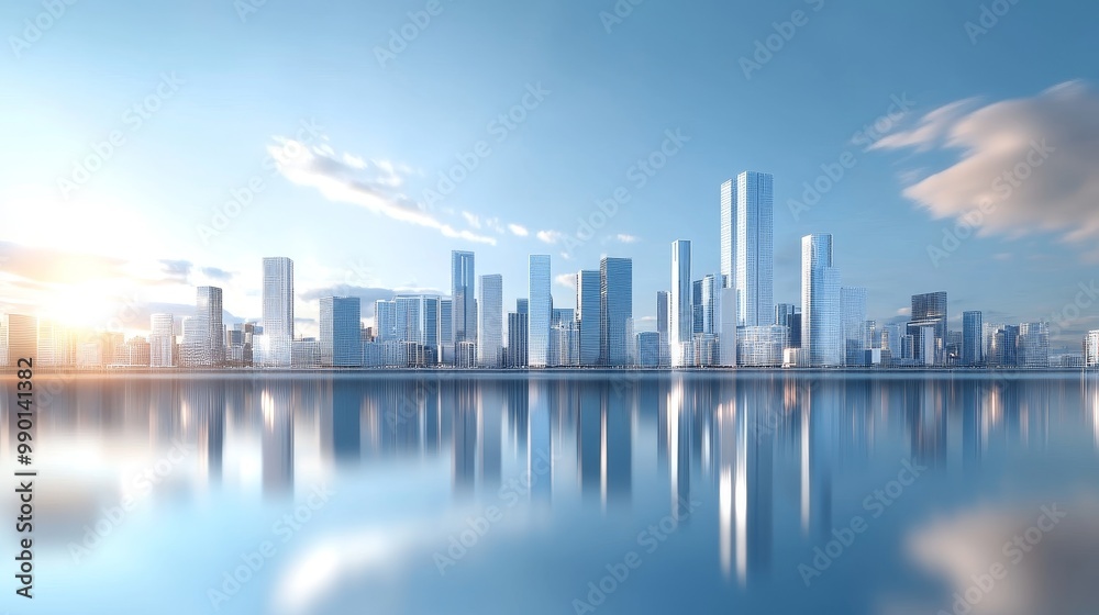 Fototapeta premium Futuristic Metropolis Cityscape with Glass Towers Reflecting in Water, symbolizing urban development, modern architecture, technological advancement, reflection, and tranquility.