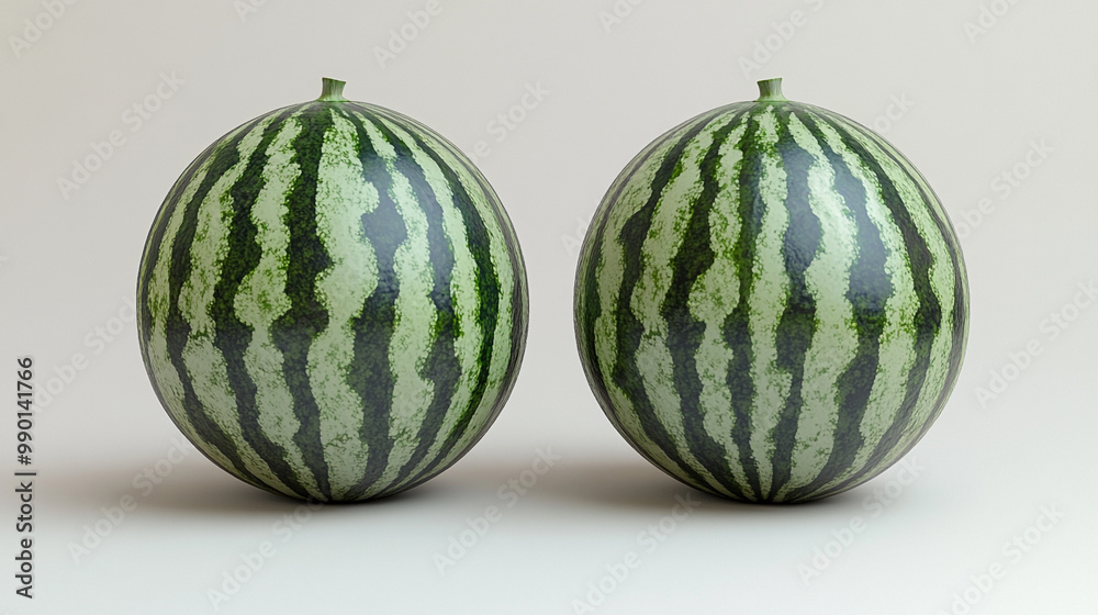 Two fresh watermelons with vibrant green stripes, perfect for summer meals or refreshing drinks. Ideal for food photography. Two fresh watermelons with vibrant green stripes, perfect for summer meals or refreshing drinks. Ideal for food photography.