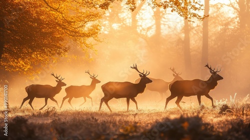 A group of red deer moving through a foggy autumn forest, their figures silhouetted by the rising sun.