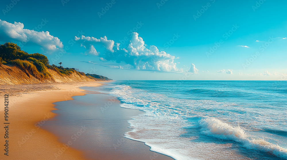 Obraz premium Glistening water meeting sandy shores at sunset, with a tranquil and peaceful ambiance
