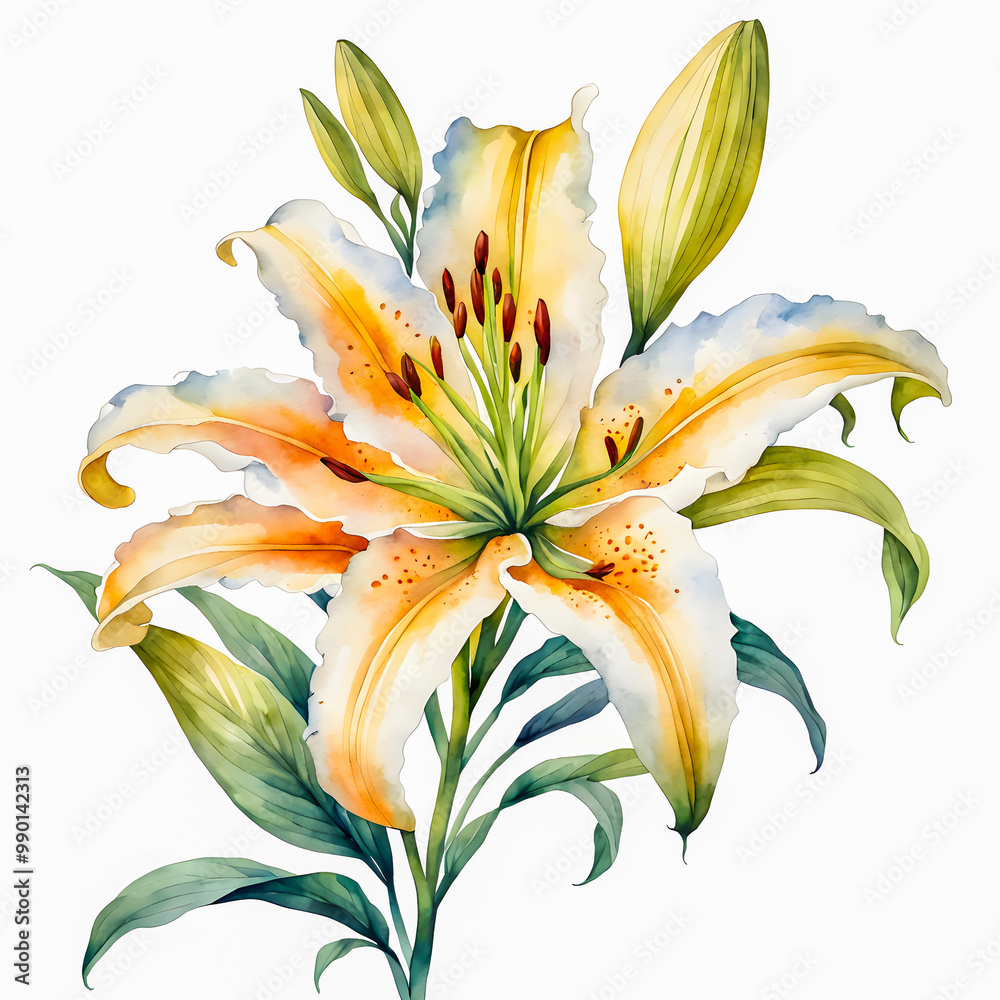 Watercolor painting of lily flower on white background. Watercolor painting of lily flower on white background.