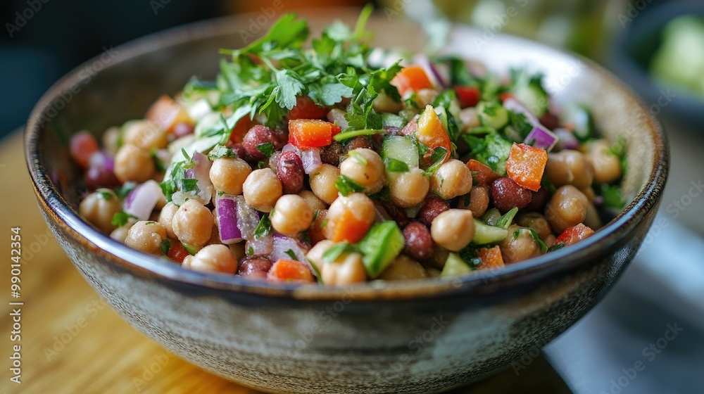 A hearty salad of soaked chickpeas and kidney beans, combined with crisp raw vegetables, fresh herbs, and mild spices, served in a simple ceramic bowl. A hearty salad of soaked chickpeas and kidney beans, combined with crisp raw vegetables, fresh herbs, and mild spices, served in a simple ceramic bowl.