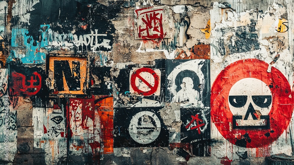 Naklejka premium Graffiti wall with bold political symbols, strong red