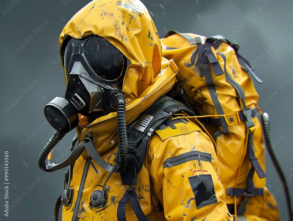 Naklejka premium Post-Apocalyptic Hazmat Suit in Rain - Digital Art