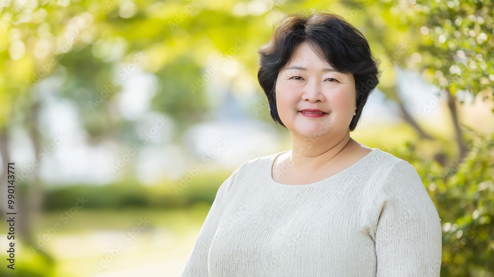 Confident MiddleAged Korean Woman Smiling in Outdoor Park Setting