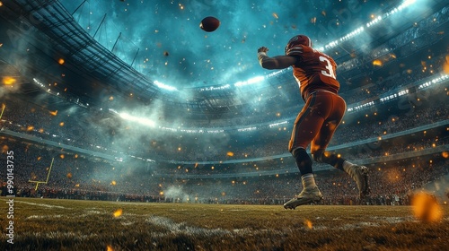 Intense American Football Play Under Stadium Lights.