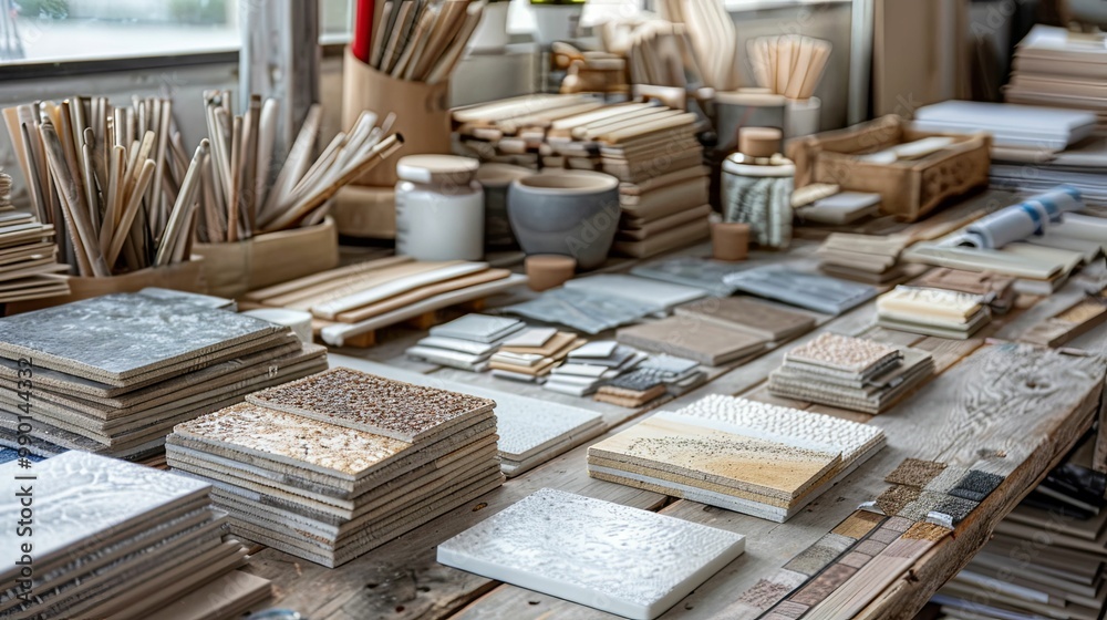 Fototapeta premium Stacked Ceramic Tiles with Various Textures and Colors