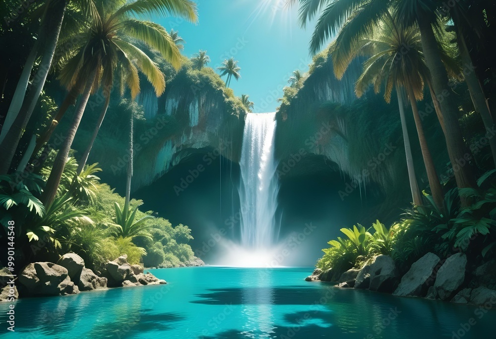 A large waterfall cascading over rocky cliffs into a pool of clear blue water, surrounded by lush green foliage and trees A large waterfall cascading over rocky cliffs into a pool of clear blue water, surrounded by lush green foliage and trees