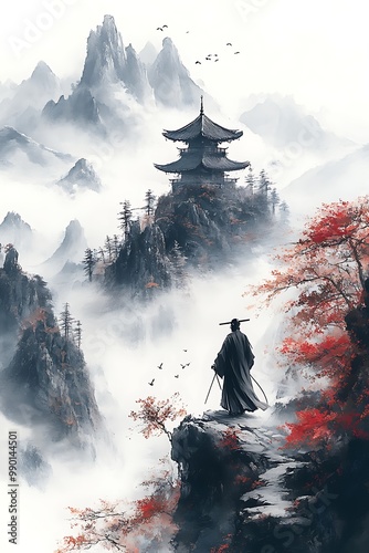 Paintings using watercolors ink, samurai standing in waterfall garden with swords on the ground, digital art style