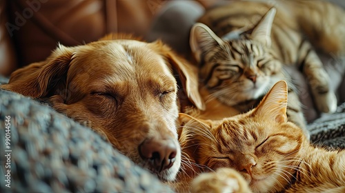 A Golden Retriever, a Tabby Cat, and a Ginger Cat Snuggling Together photo