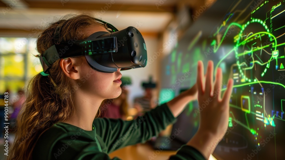 A girl wearing a virtual reality headset is playing a game A girl wearing a virtual reality headset is playing a game