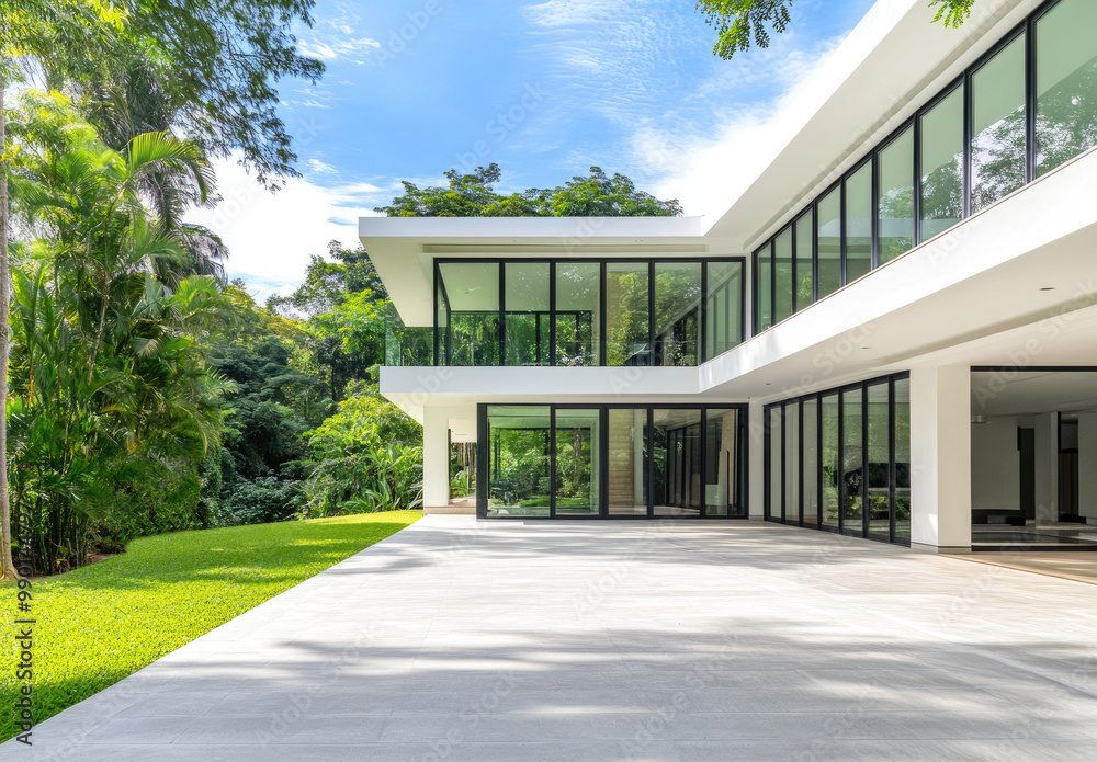 A modern house features white walls and floor tiles with large glass windows. A covered carport is located on the left side of the entrance gate, leading to the home's back garden area. A modern house features white walls and floor tiles with large glass windows. A covered carport is located on the left side of the entrance gate, leading to the home's back garden area.