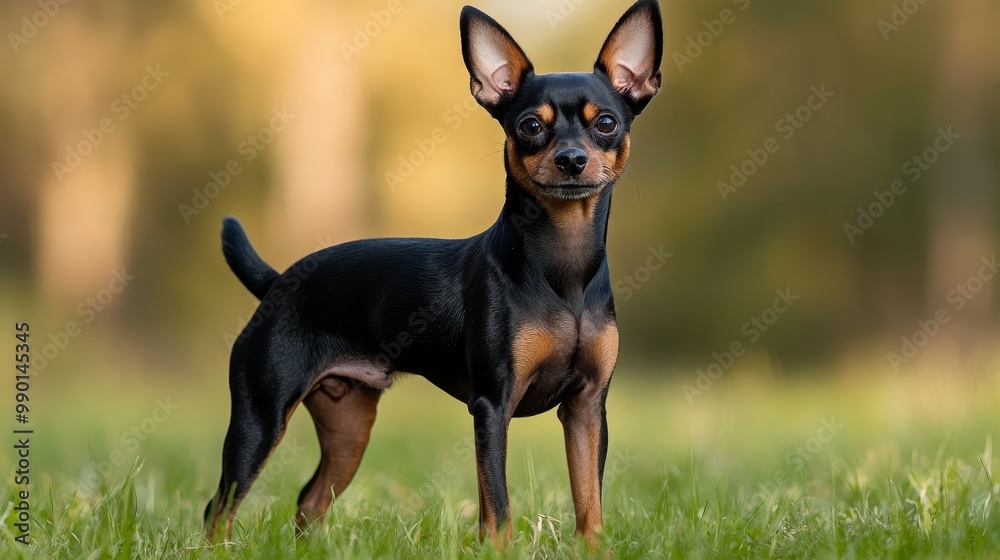 Miniature Pinscher with Unique Physique, a small dog with a distinctive build, standing confidently in a grassy field, showcasing its intelligence and playful nature. Miniature Pinscher with Unique Physique, a small dog with a distinctive build, standing confidently in a grassy field, showcasing its intelligence and playful nature.