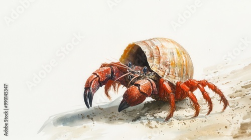 A hermit crab exploring a sandy shore with its shell during a warm, sunny day by the ocean photo