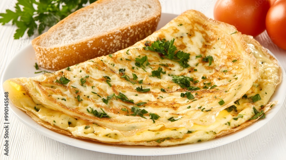A delicious omelet with a slice of bread and fresh parsley on a white plate. A delicious omelet with a slice of bread and fresh parsley on a white plate.