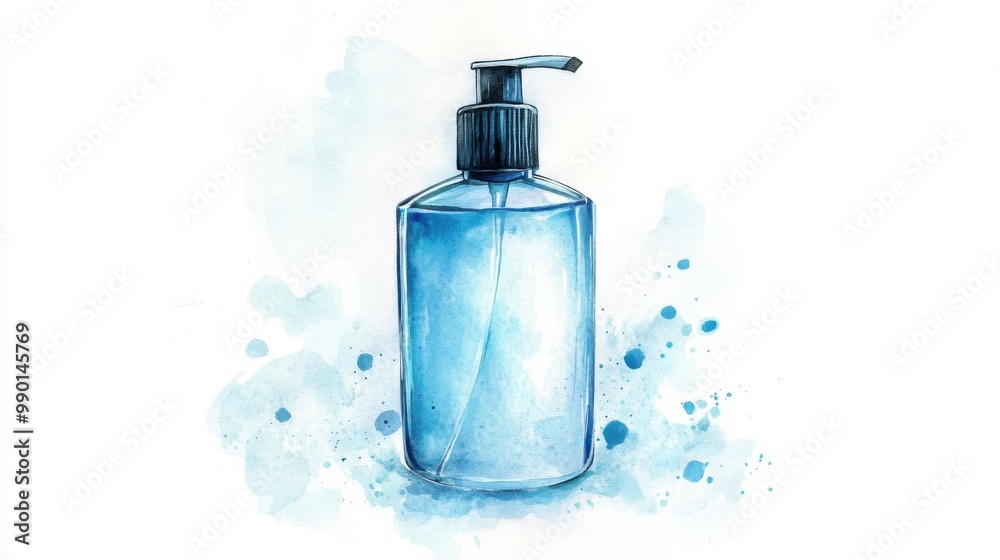 Clear blue liquid soap dispenser with a pump, ideal for bathrooms and kitchens, surrounded by soft watercolor splashes Clear blue liquid soap dispenser with a pump, ideal for bathrooms and kitchens, surrounded by soft watercolor splashes