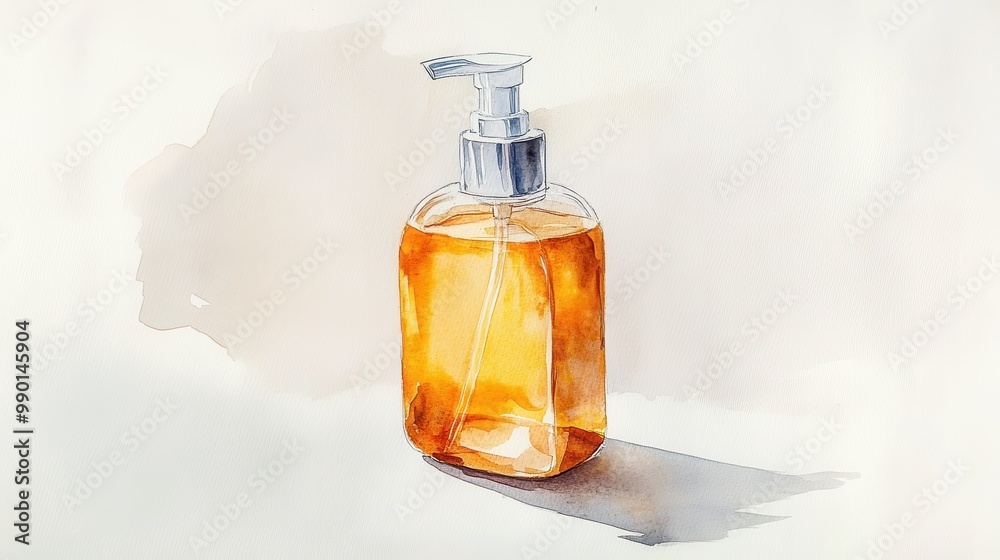 A clear glass pump bottle with amber liquid sits on a light surface, casting a soft shadow in natural light during daylight A clear glass pump bottle with amber liquid sits on a light surface, casting a soft shadow in natural light during daylight