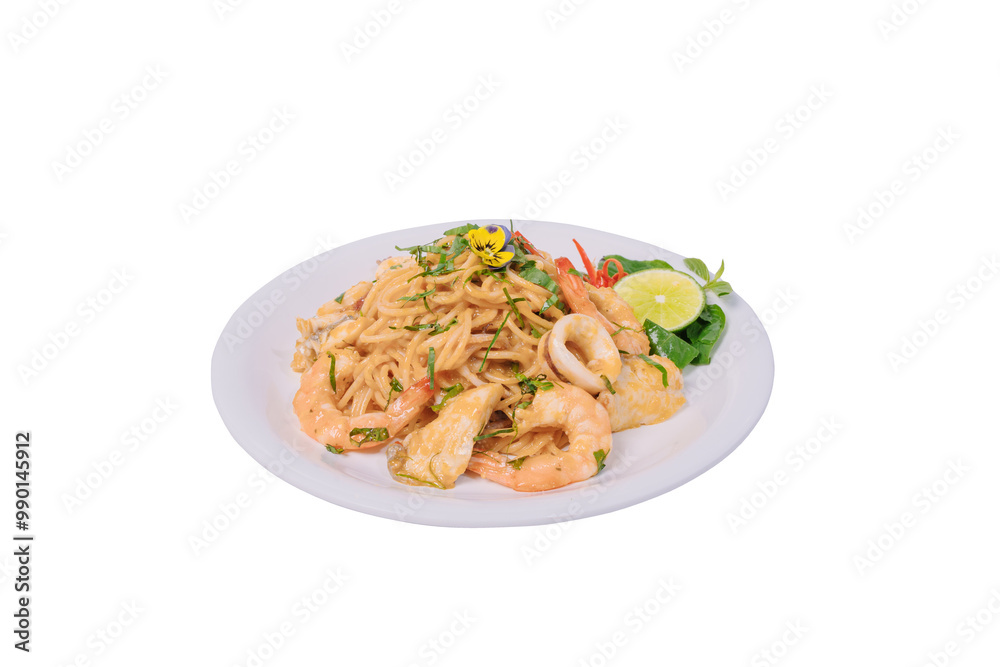 A plate of stir-fried spaghetti with seafood, vegetables, and a flavorful sauce, garnished with a flower and lime wedge. A plate of stir-fried spaghetti with seafood, vegetables, and a flavorful sauce, garnished with a flower and lime wedge.