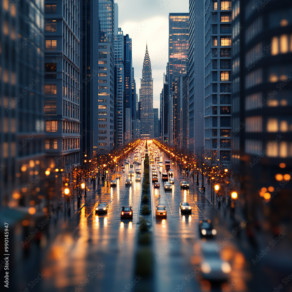 Obraz premium 3D miniature scene, city street view, skyscrapers on both sides of the road