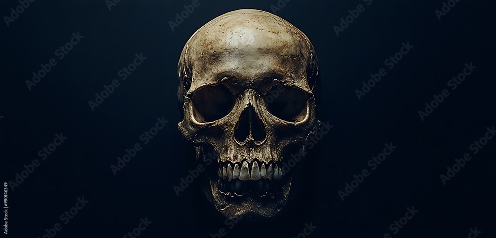 Fototapeta premium Single skull displayed against black, focusing on its detailed features.