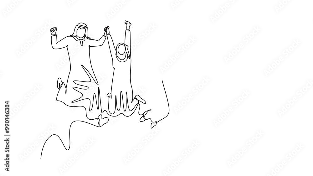 Animated self drawing of continuous line draw Moslem business people jump together to celebrate increasing company sales target or growth. Group of happy Arab worker. Full length single line animation Animated self drawing of continuous line draw Moslem business people jump together to celebrate increasing company sales target or growth. Group of happy Arab worker. Full length single line animation