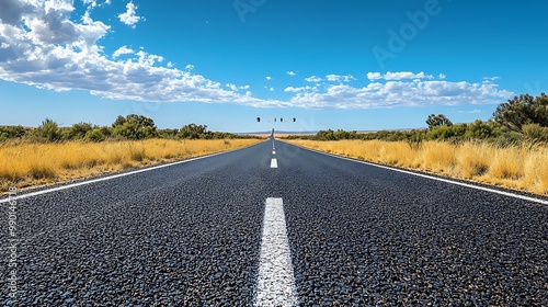 A long, empty road stretching into the horizon under a blue sky. photo