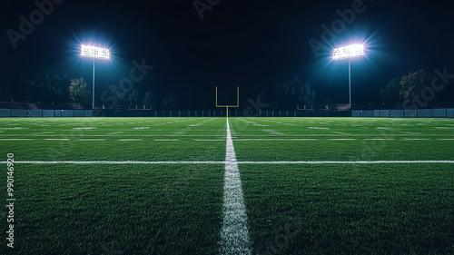 Illuminated football field awaiting the start of a night game under bright stadium lights