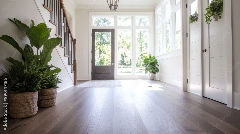 Modern farmhouse foyer featuring gray LVP flooring, a front door with sidelights, and potted plants, creating a welcoming and stylish entryway. Modern farmhouse foyer featuring gray LVP flooring, a front door with sidelights, and potted plants, creating a welcoming and stylish entryway.