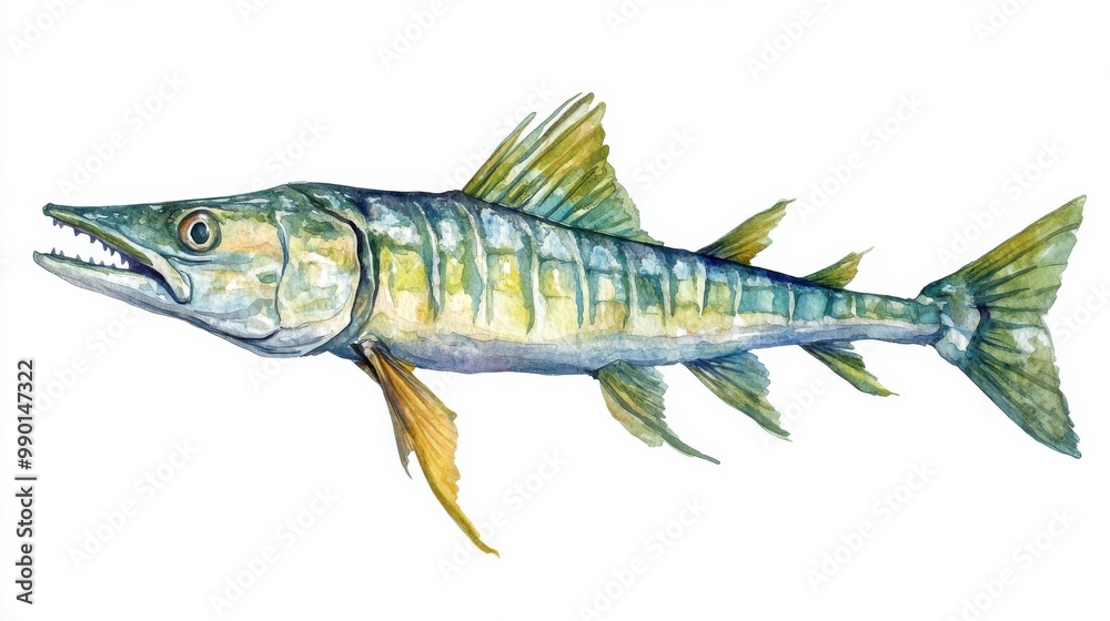 Detailed illustration of a barracuda showcasing its sharp teeth and streamlined body, emphasizing the nature of marine life Detailed illustration of a barracuda showcasing its sharp teeth and streamlined body, emphasizing the nature of marine life