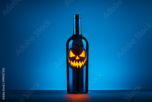 Halloween beverage promotion featuring a unique wine bottle with a pumpkin face on a blue backdrop.